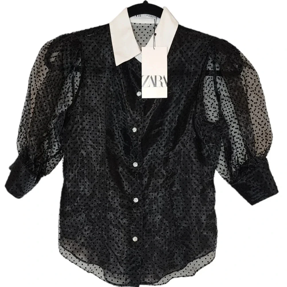 NWT Zara Jewel Button Black Sheer Velvet Dot Puff Sleeve Blouse Top Size Small